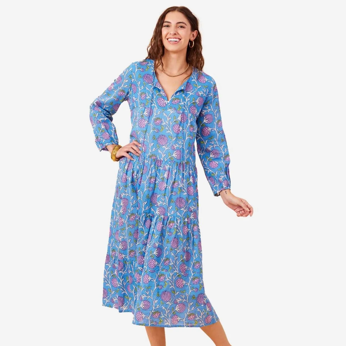 Ainsley Blue Long Tiered Cotton Dress