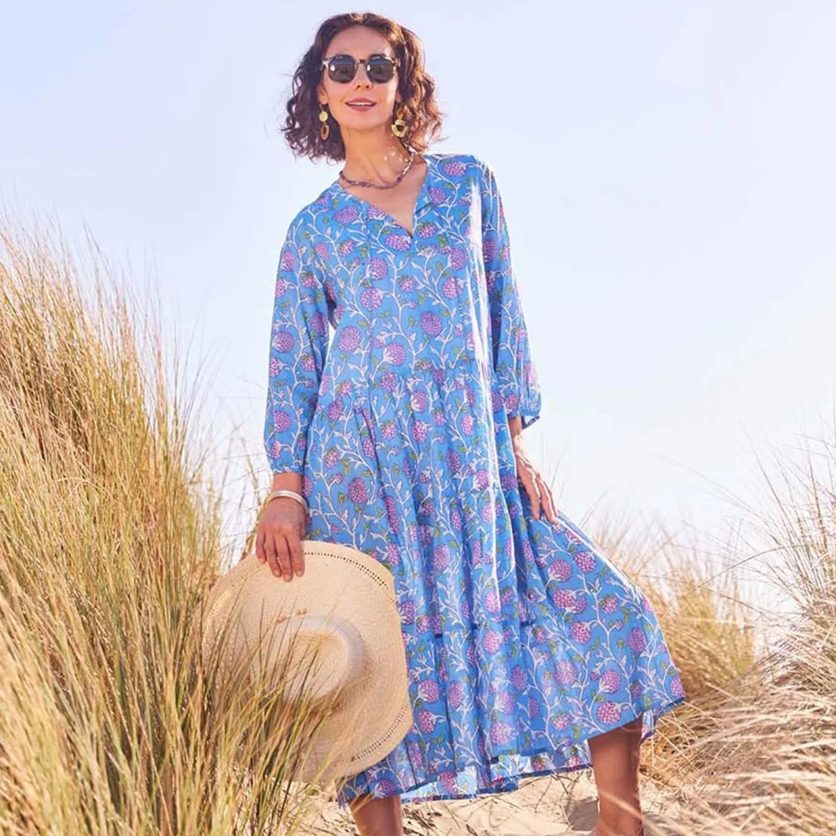 Ainsley Blue Long Tiered Cotton Dress
