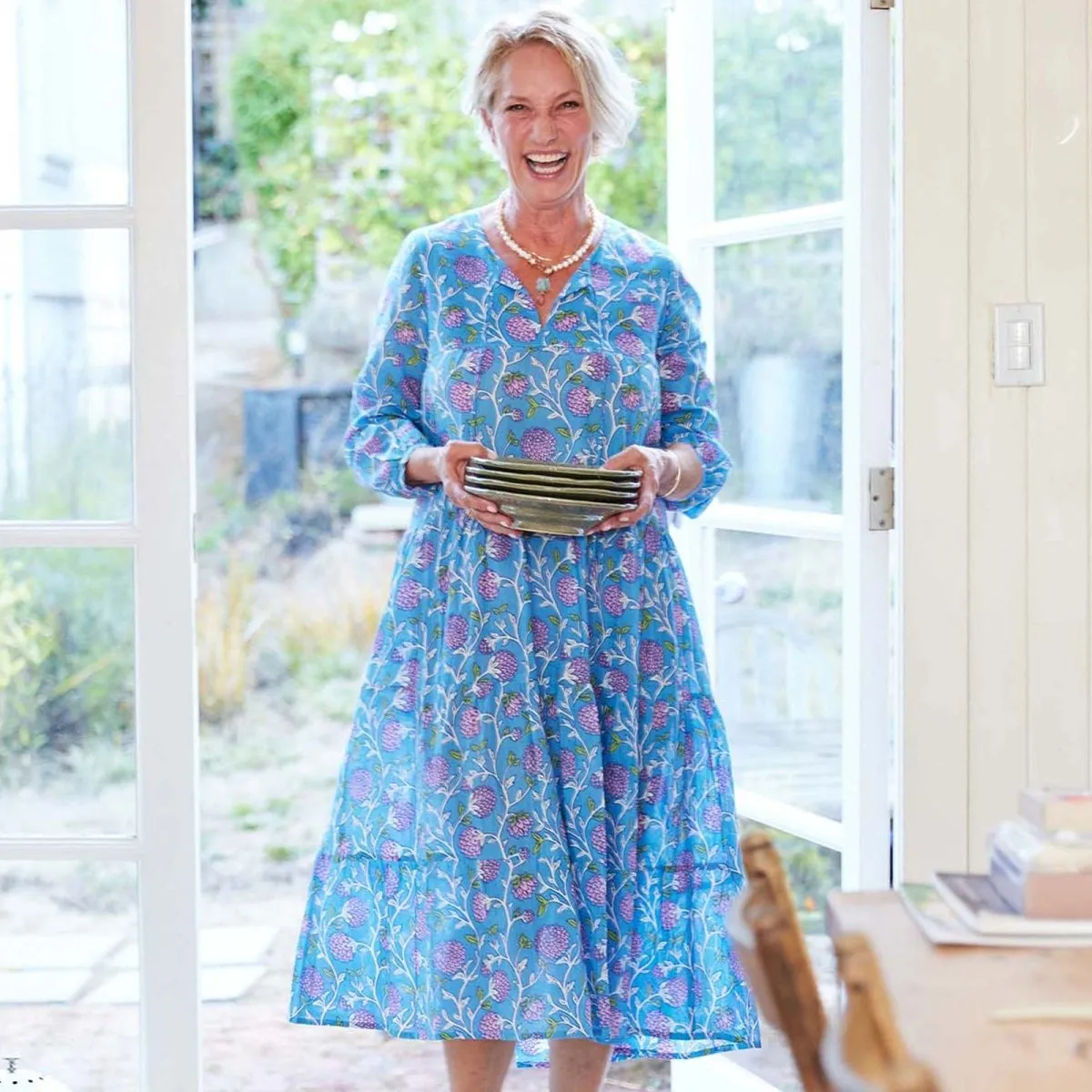 Ainsley Blue Long Tiered Cotton Dress