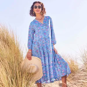 Ainsley Blue Long Tiered Cotton Dress