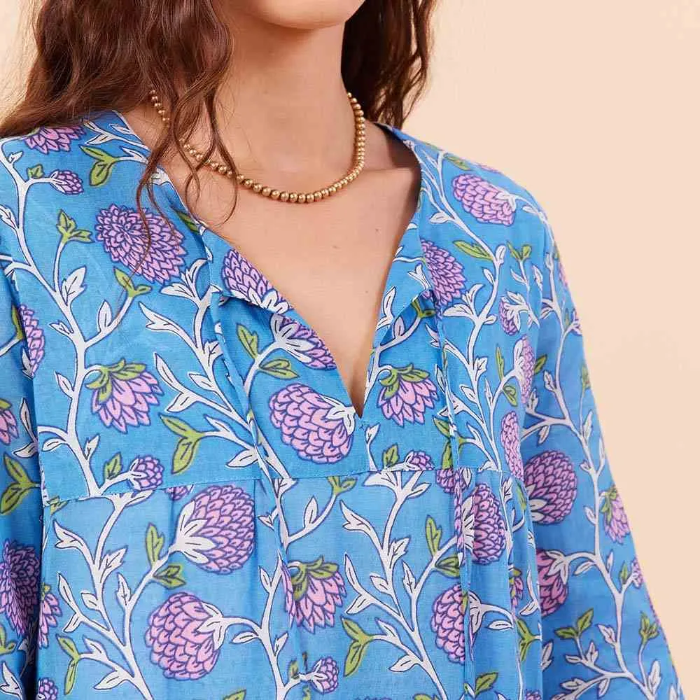 Ainsley Blue Long Tiered Cotton Dress