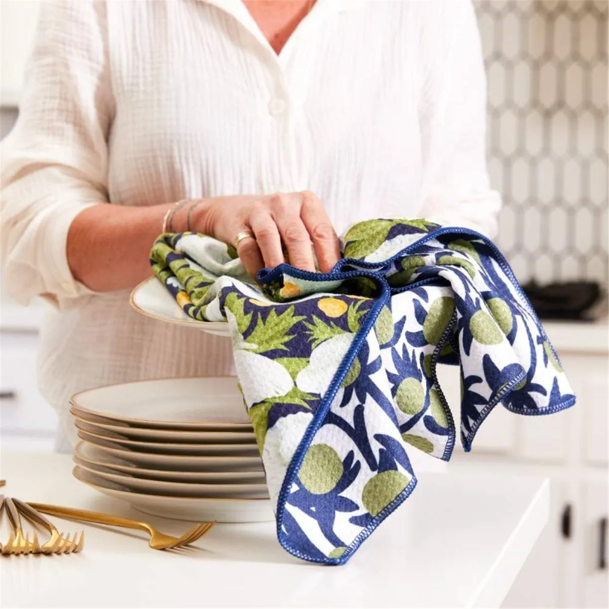 Anemone Poppy blu Kitchen Tea Towel-Double-Sided Print