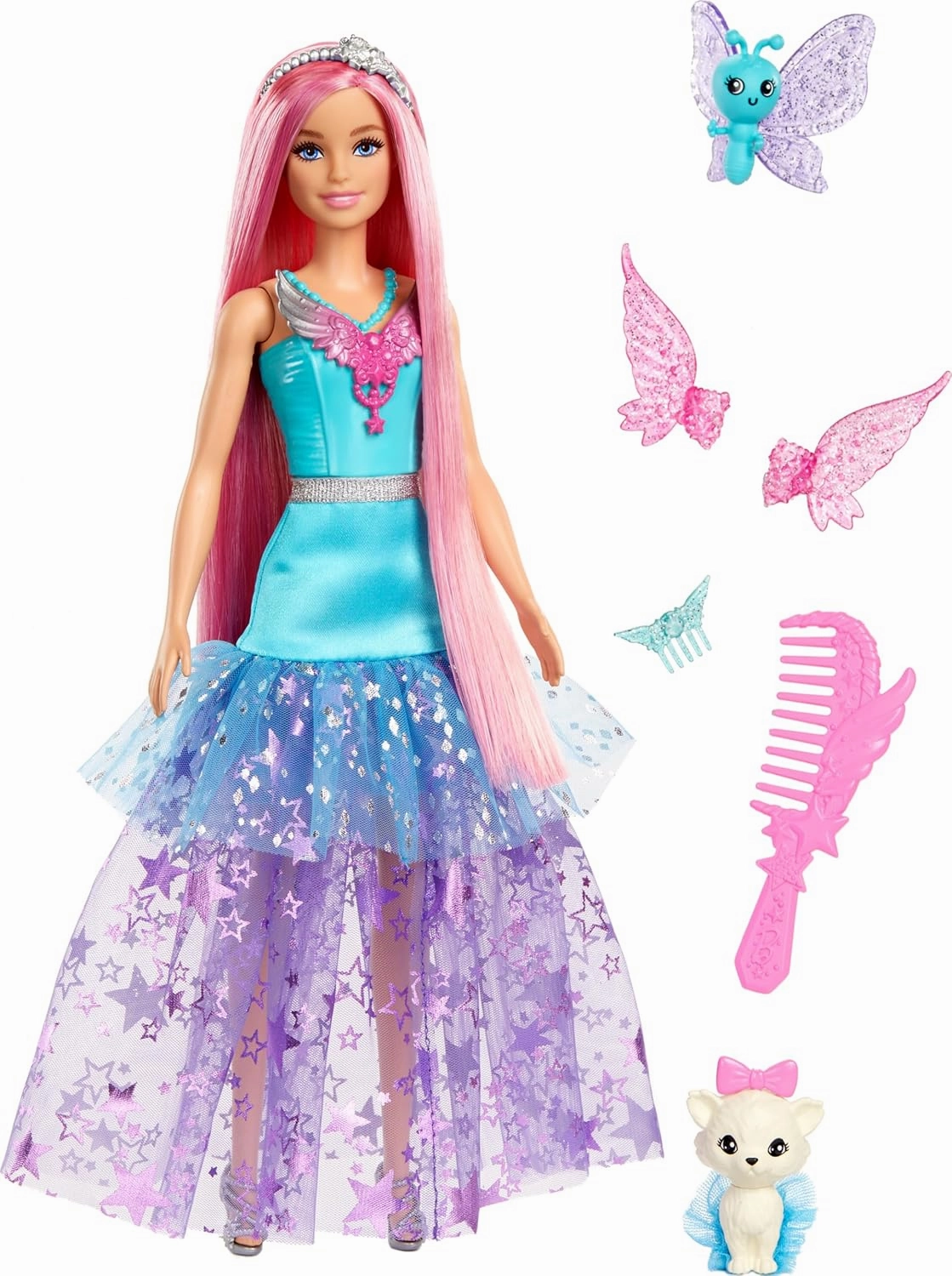 Barbie 7-inch Long Hair Malibu Doll with 2 Fantasy Pets & Dress, from A Touch of Magic for Kids Ages 3 