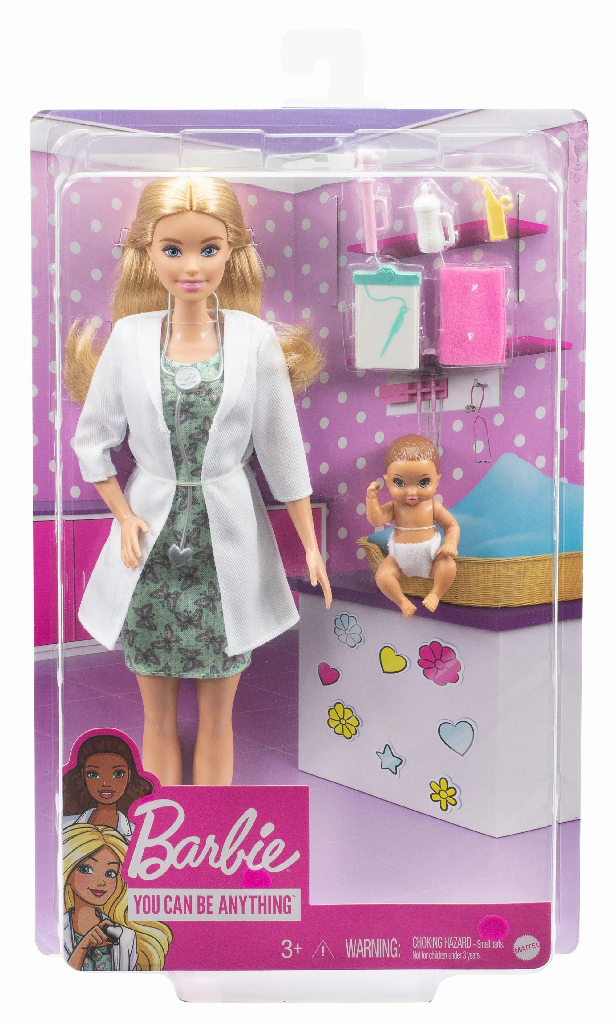 Barbie Baby Doctor Playset with 12 Inch Blonde Doll, Infant Doll, Stethoscope, Thermometer, Oscilloscope, Chart, Blanket & Baby Bottle for Kids Ages 3 