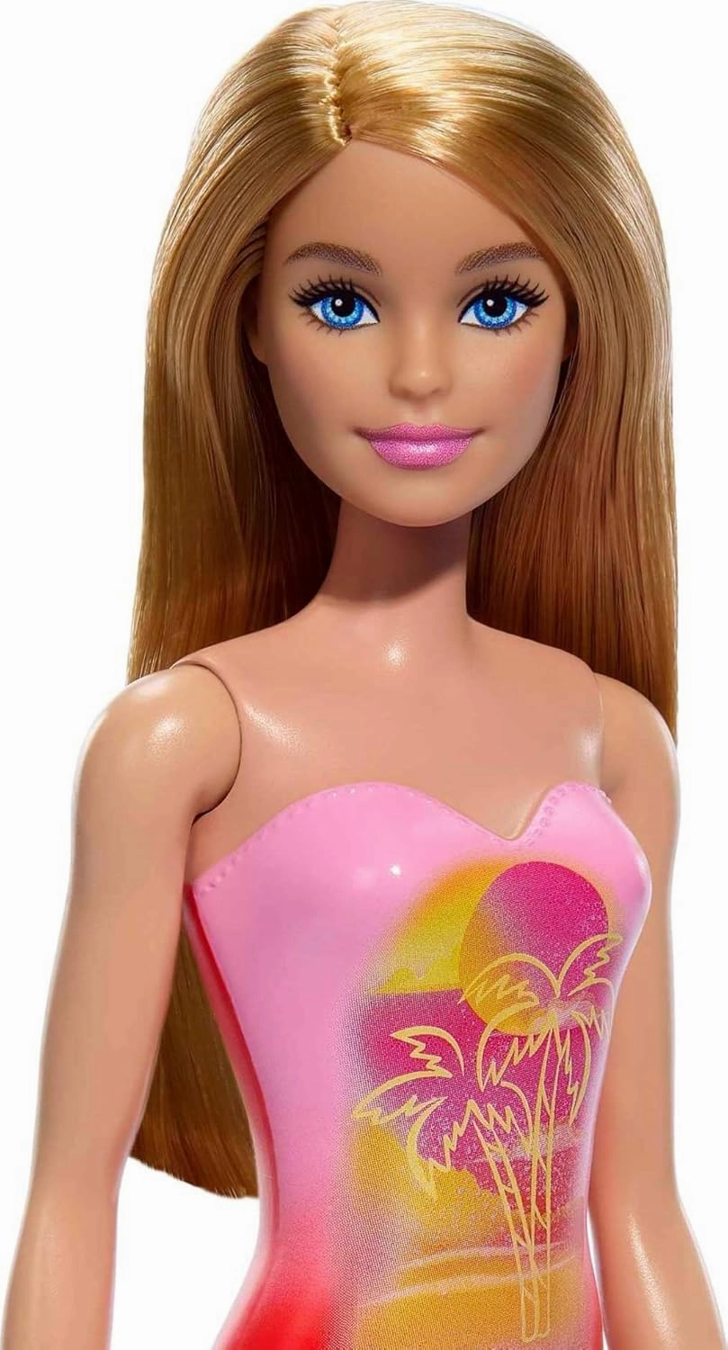 Barbie Beach Doll With Blond Hair Wearing Pink Palm Tree-Print Swimsuit For Kids Ages 3 