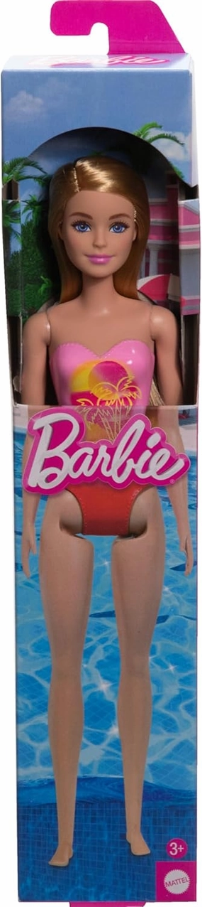Barbie Beach Doll With Blond Hair Wearing Pink Palm Tree-Print Swimsuit For Kids Ages 3 