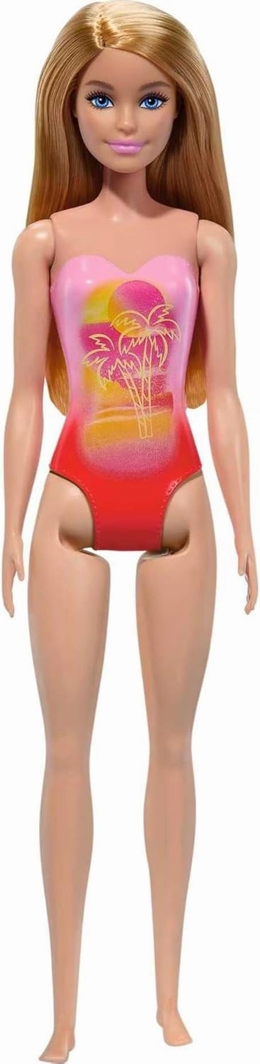 Barbie Beach Doll With Blond Hair Wearing Pink Palm Tree-Print Swimsuit For Kids Ages 3 