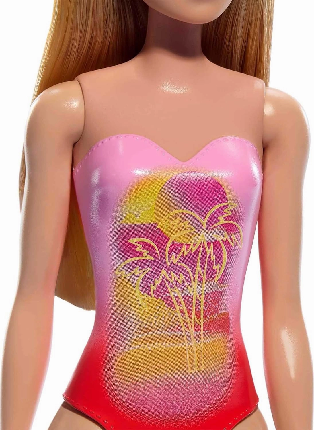 Barbie Beach Doll With Blond Hair Wearing Pink Palm Tree-Print Swimsuit For Kids Ages 3 