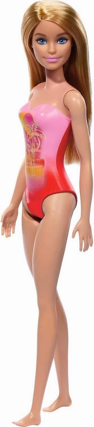 Barbie Beach Doll With Blond Hair Wearing Pink Palm Tree-Print Swimsuit For Kids Ages 3 