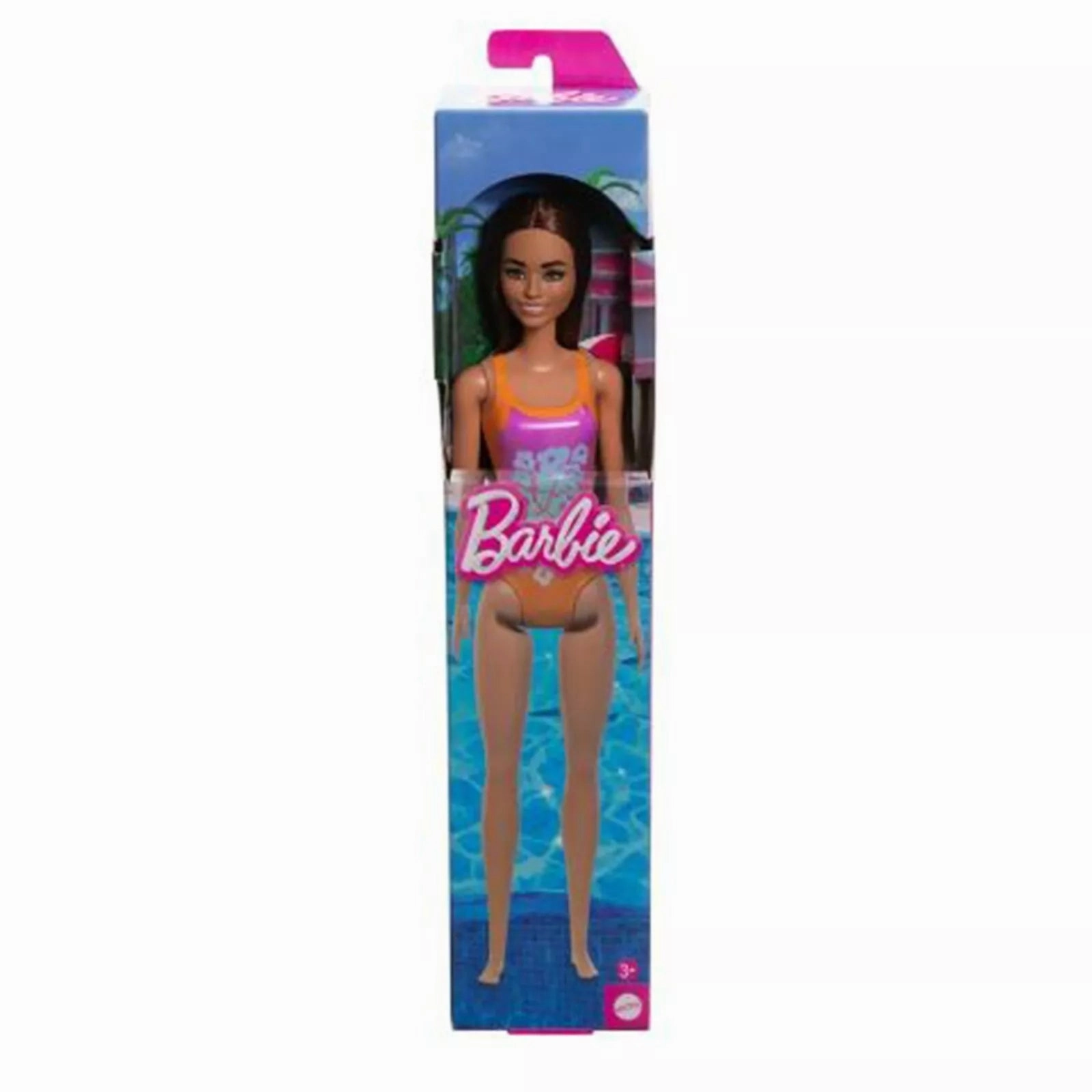 Barbie Beach Doll With Light Brown Hair Wearing Tropical Pink And Orange Swimsuit For Kids Ages 3 