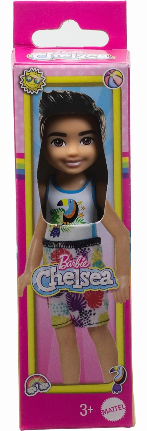 Barbie Chelsea Small Doll With Beach Swimsuit, Toucan & Tropical Leaf Print, Black Hair & Brown Eyes For Kids Ages 3 