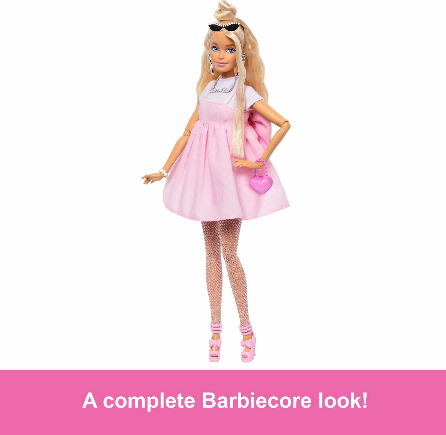 Barbie Deluxe Style Doll #3 in Barbiecore Outfit, Blond Hair in Top Knot, Pink Pastel Dress with Oversized Bow and Accessories for Kids Ages 4 