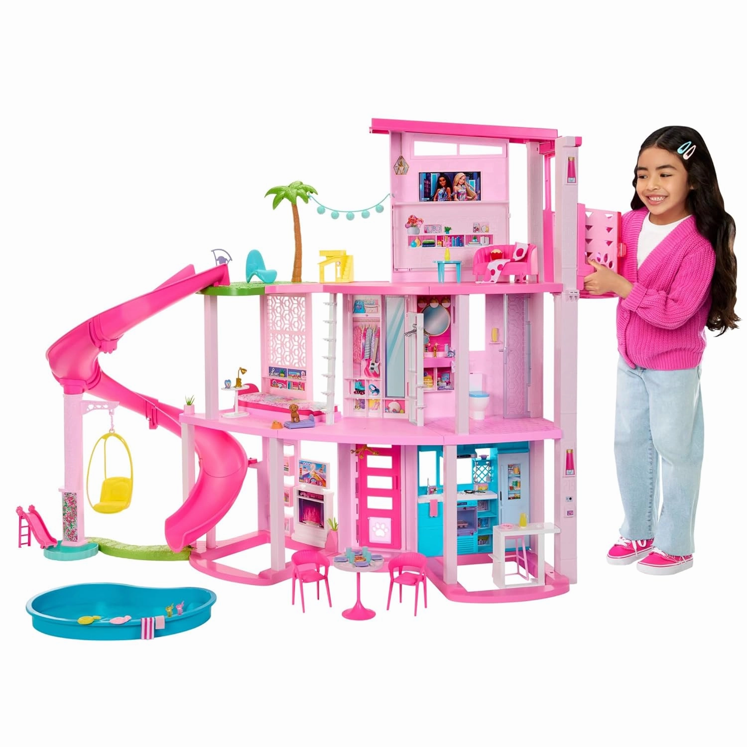 Barbie Dreamhouse, Pool Party Doll House with 75  Pieces and 3-Story Slide, Pet Elevator and Puppy Play Areas for Ages 3 