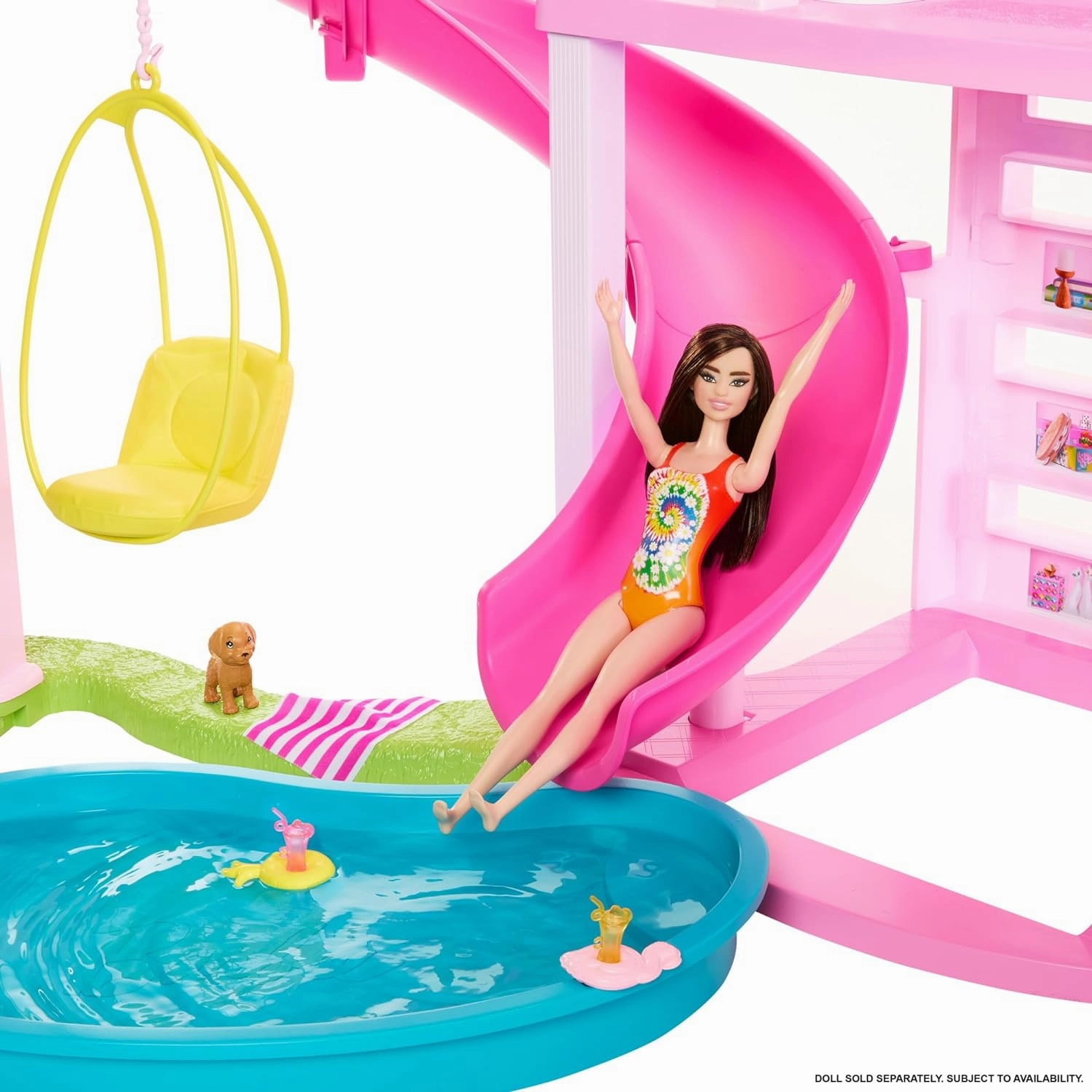 Barbie Dreamhouse, Pool Party Doll House with 75  Pieces and 3-Story Slide, Pet Elevator and Puppy Play Areas for Ages 3 