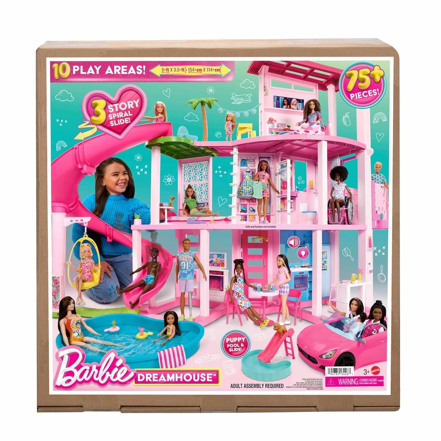 Barbie Dreamhouse, Pool Party Doll House with 75  Pieces and 3-Story Slide, Pet Elevator and Puppy Play Areas for Ages 3 