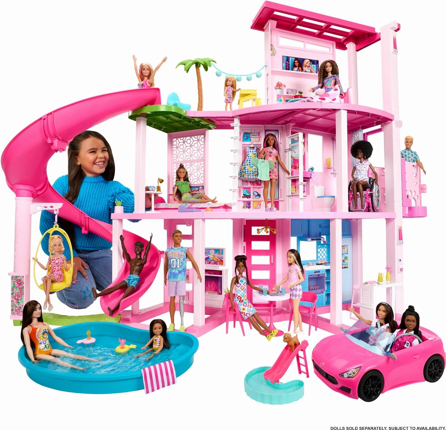 Barbie Dreamhouse, Pool Party Doll House with 75  Pieces and 3-Story Slide, Pet Elevator and Puppy Play Areas for Ages 3 
