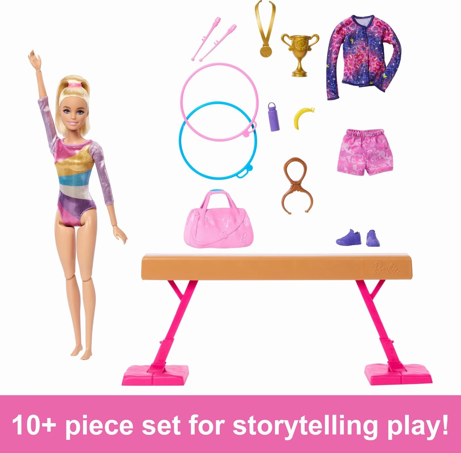 Barbie Gymnastics Doll & Accessories Playset with Blonde Fashion Doll, C-Clip for Flipping Action, Balance Beam, Warm-Up Suit & More for Kids Ages 3 