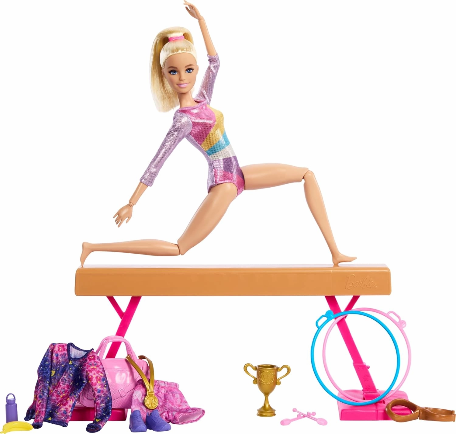Barbie Gymnastics Doll & Accessories Playset with Blonde Fashion Doll, C-Clip for Flipping Action, Balance Beam, Warm-Up Suit & More for Kids Ages 3 