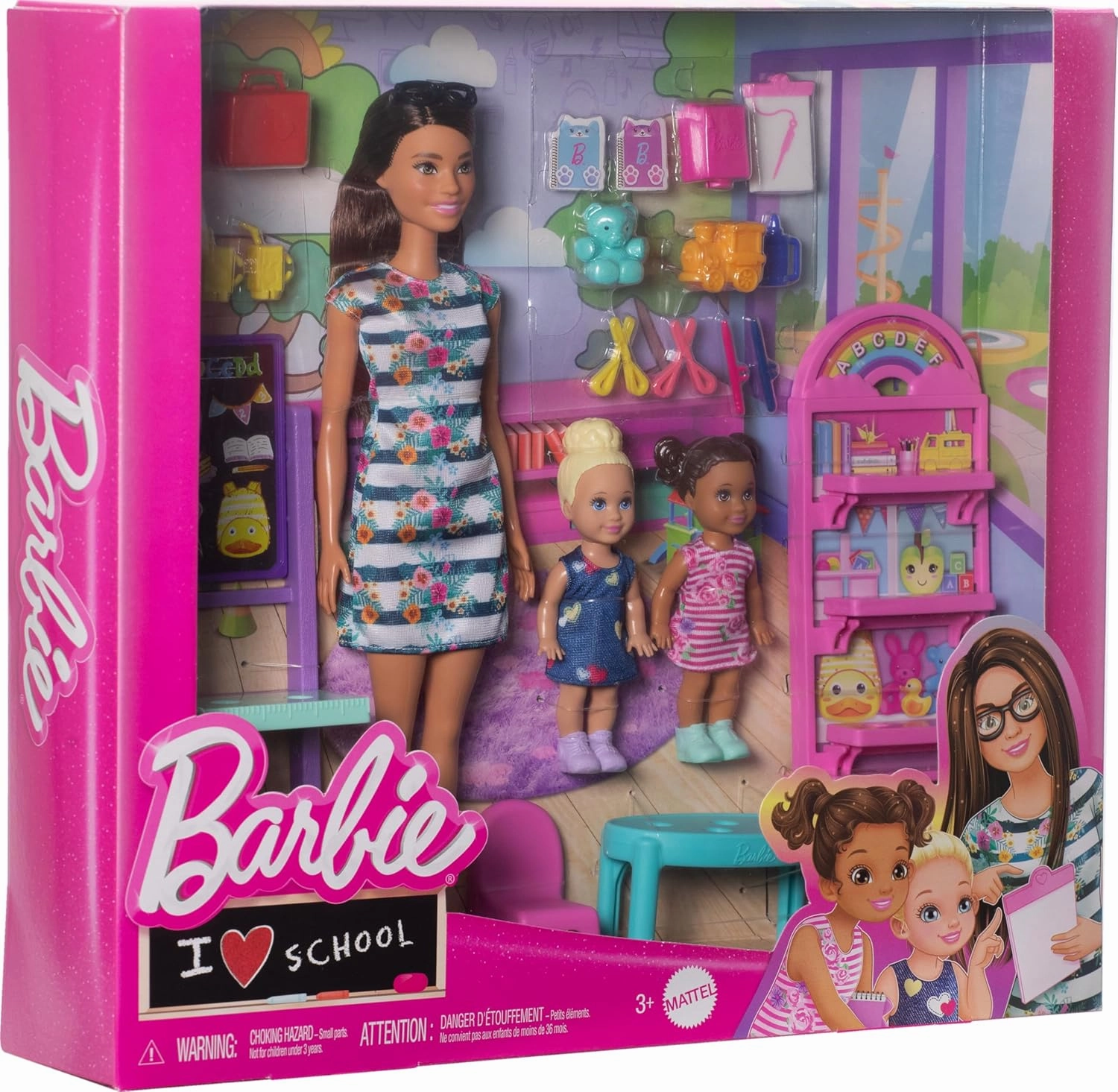 Barbie I Love School Dolls & Accessories, Classroom Playset with Fashion Doll, 2 Small Dolls & 20  Pieces Including Furniture