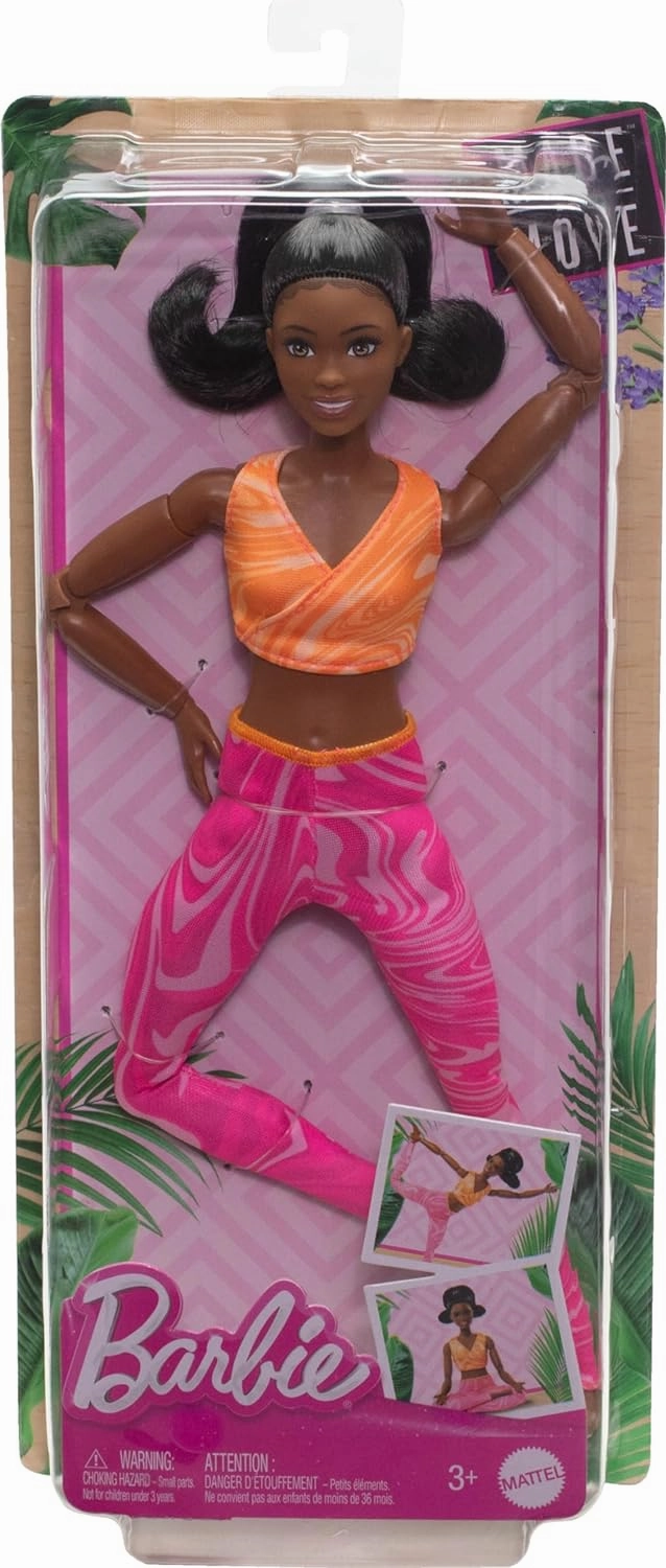 Barbie Made to Move Fashion Doll with Black Hair Wearing Removable Yellow Sports Top & Pink Yoga Pants, 22 Bendable Joints