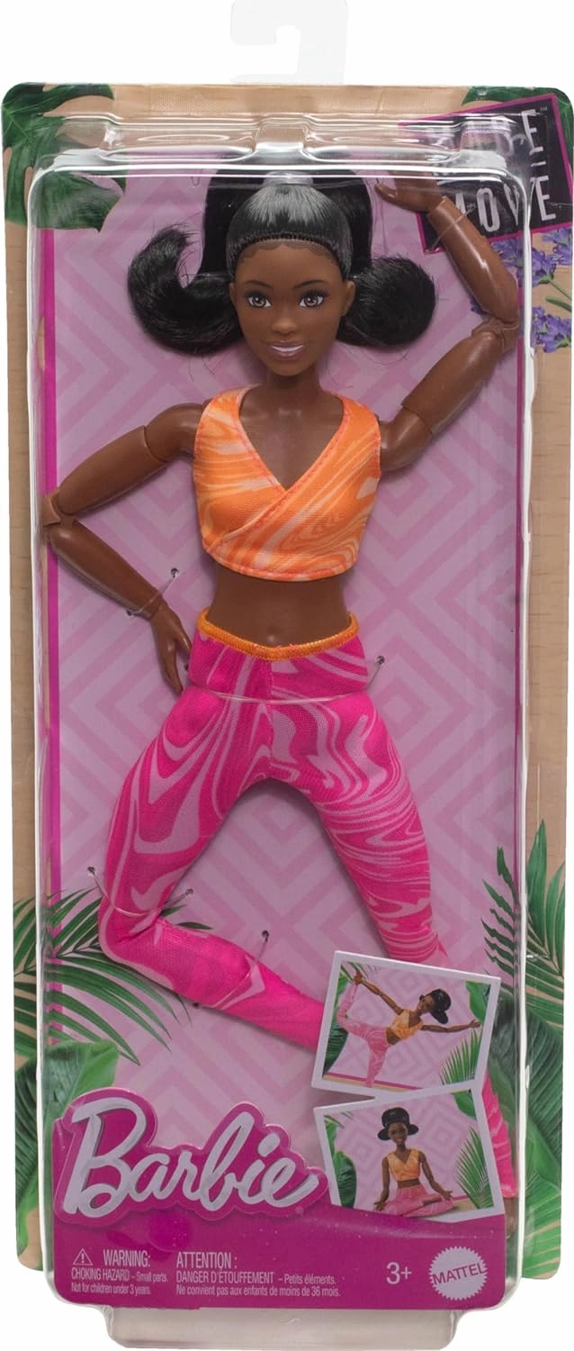 Barbie Made to Move Fashion Doll with Black Hair Wearing Removable Yellow Sports Top & Pink Yoga Pants, 22 Bendable Joints