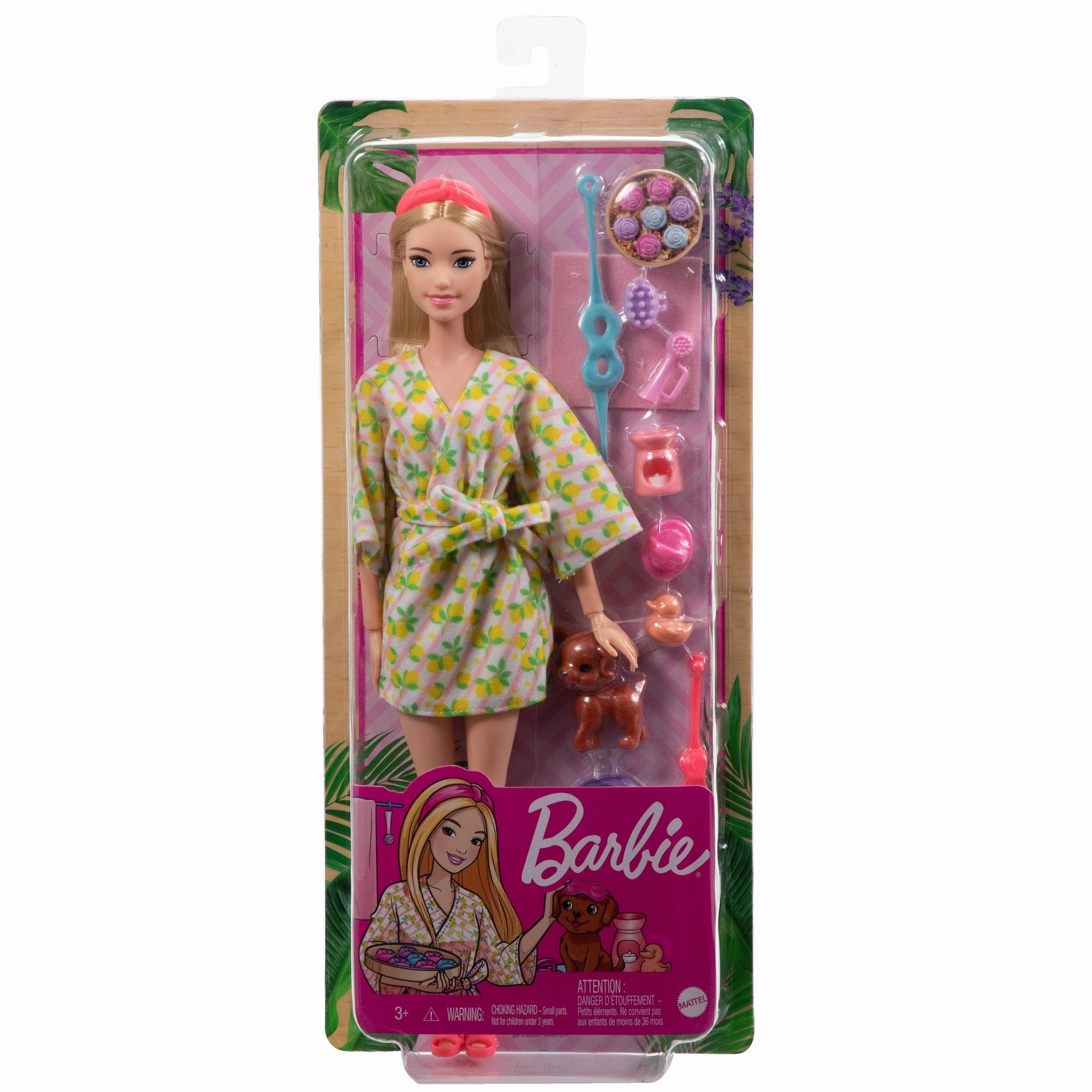Barbie Wellness Doll Playset with Blonde Doll with Pet Puppy, Barbie Sets, Spa Day, Lemon Print Bathrobe, Headband and Eye Mask for Kids Ages 3 