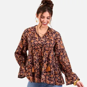 Black Spice Madine Cotton Blouse with Ruffle Sleeves