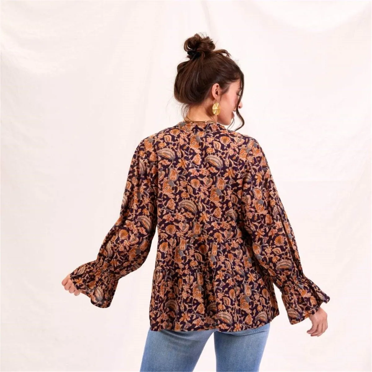 Black Spice Madine Cotton Blouse with Ruffle Sleeves