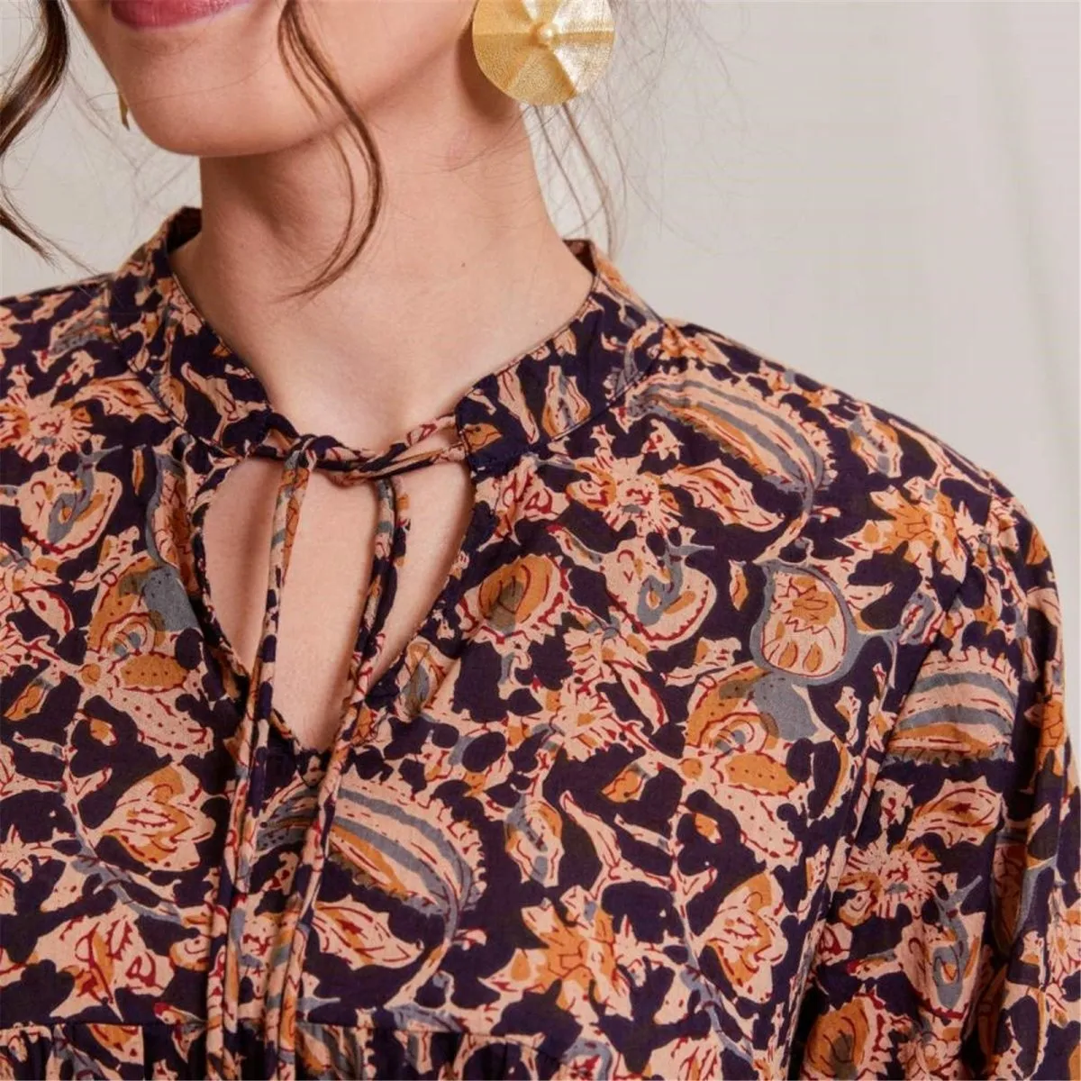 Black Spice Madine Cotton Blouse with Ruffle Sleeves