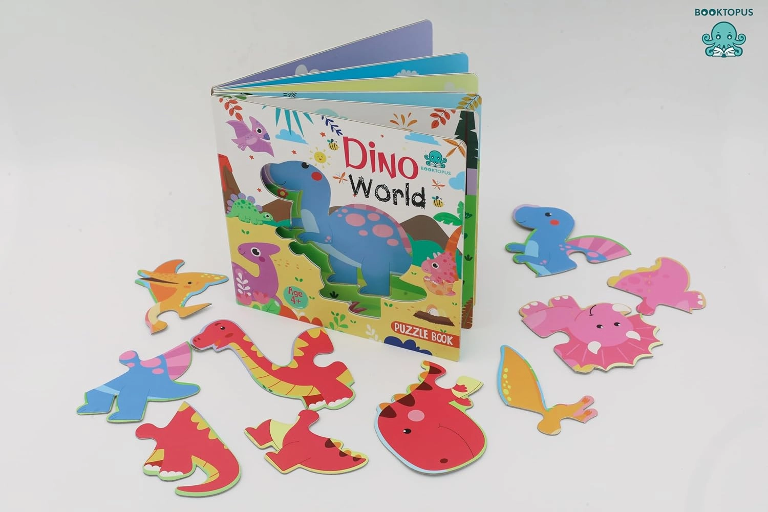 Booktopus Square Puzzle Board Book - Dino World Learning Puzzle with Easy Grip Pieces - Educational Toys for Kids 4 