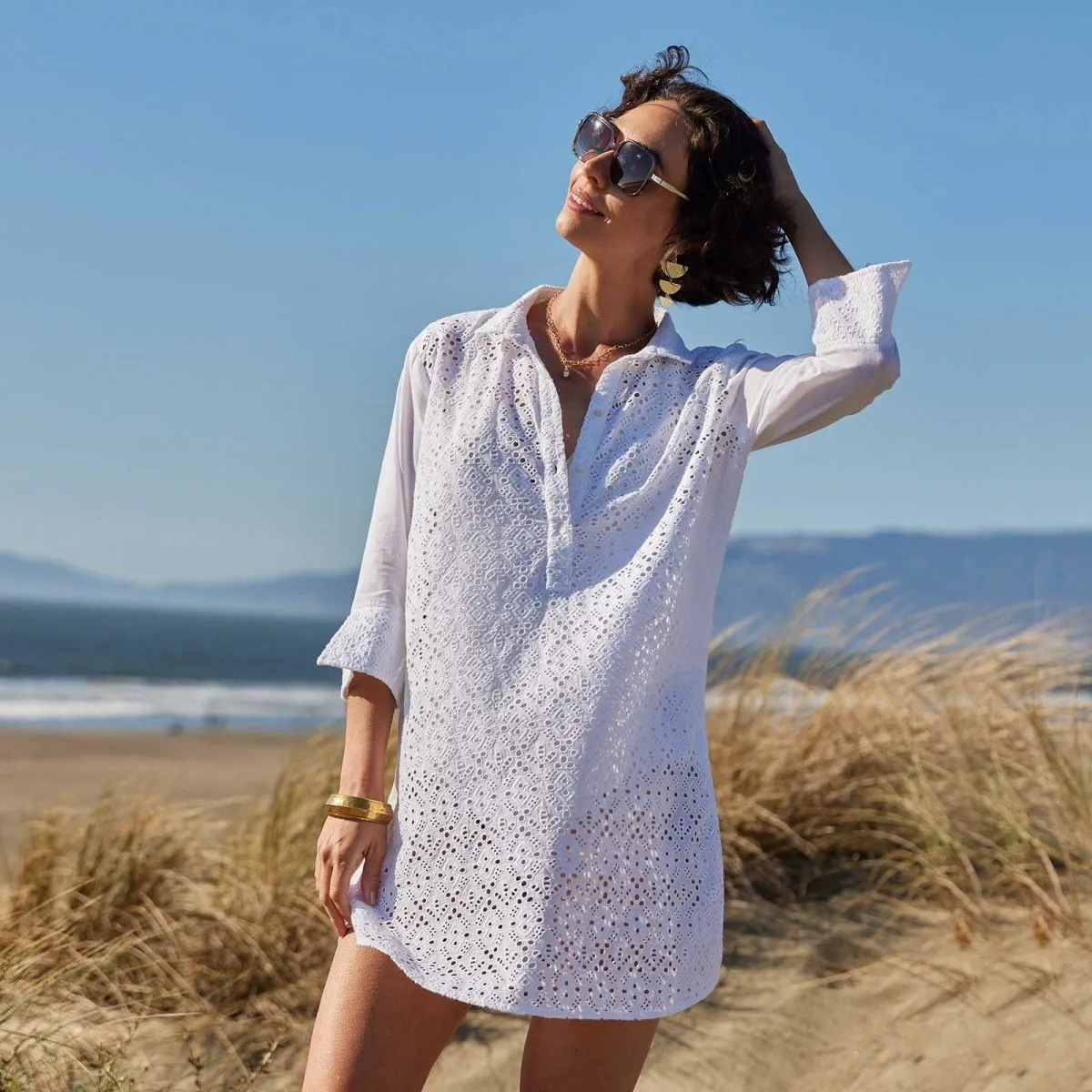 Breezy White Eyelet Beach Cover Up Shirt