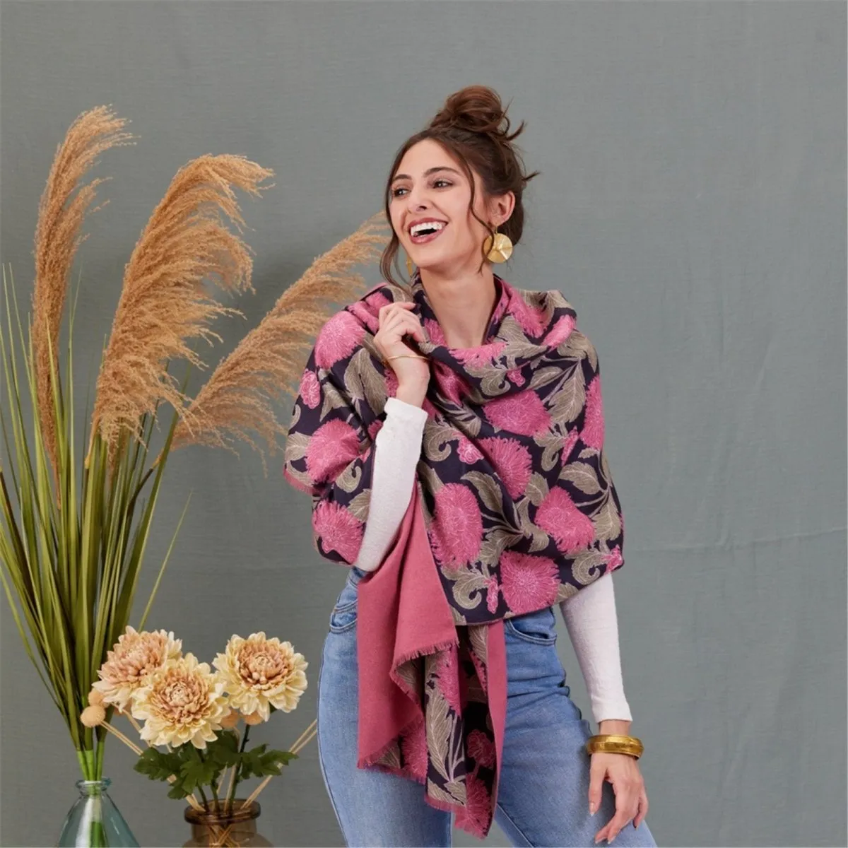Chrysanthemum Flower Pink Reversible Wrap