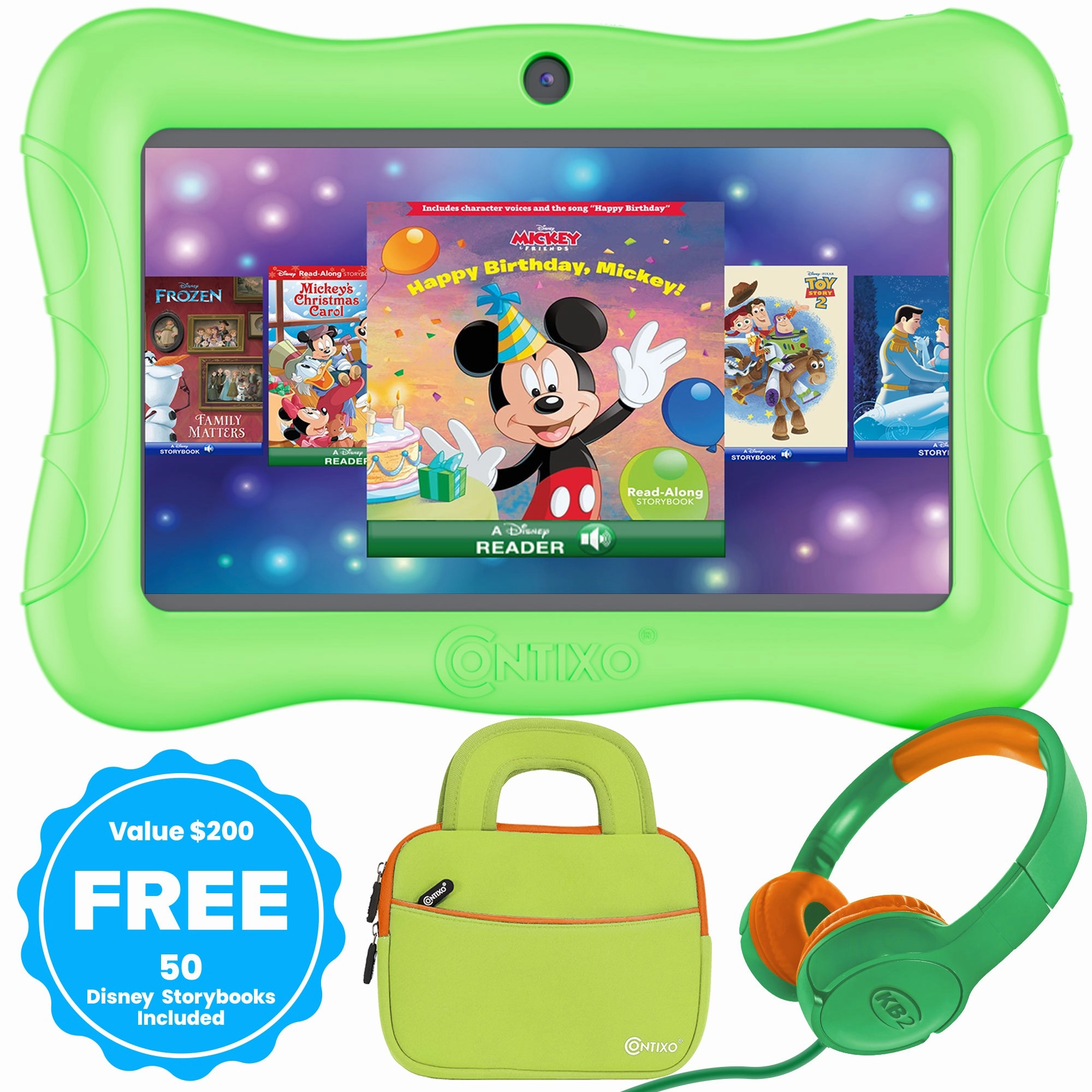 Contixo 7" Kids Tablet Bundle, 50 FREE Disney eBooks, Learning Android Tablet for kids 3-12, 32GB, Parental Controls, Kid-Proof Case with Kickstand, Includes Headphones, Carrying Case - Green