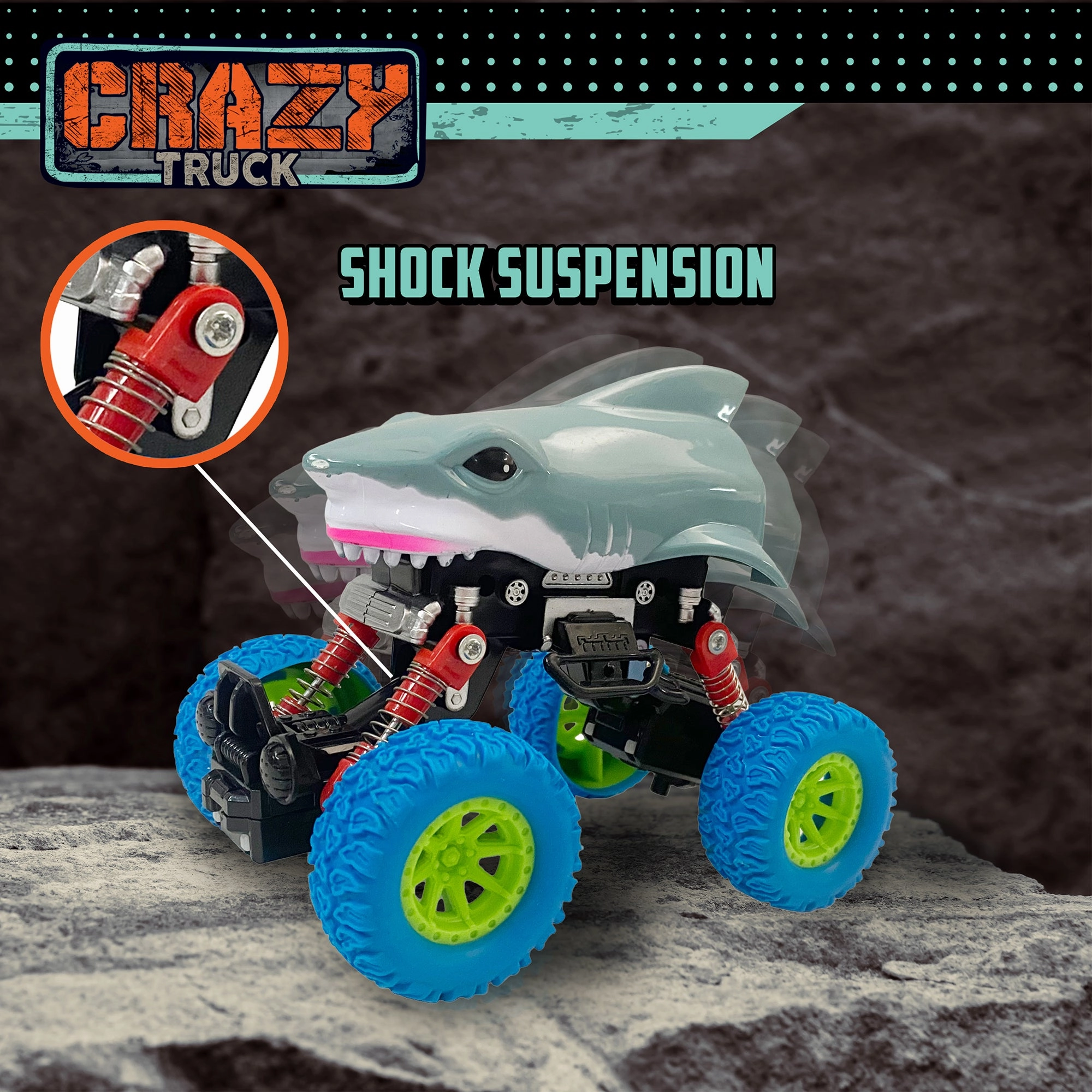 Crazy Truck Big Wheels Shark Truck - 4.5" Friction-Powered Stunt Vehicle for Kids 3 