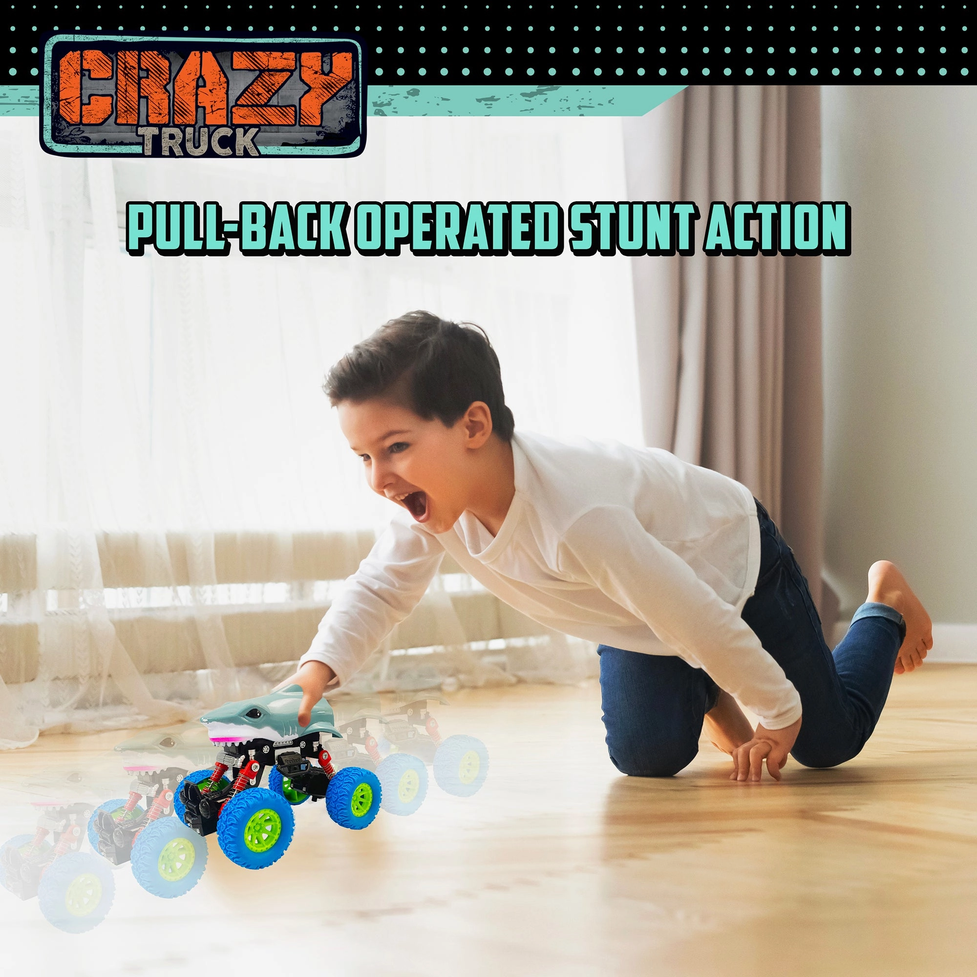 Crazy Truck Big Wheels Shark Truck - 4.5" Friction-Powered Stunt Vehicle for Kids 3 
