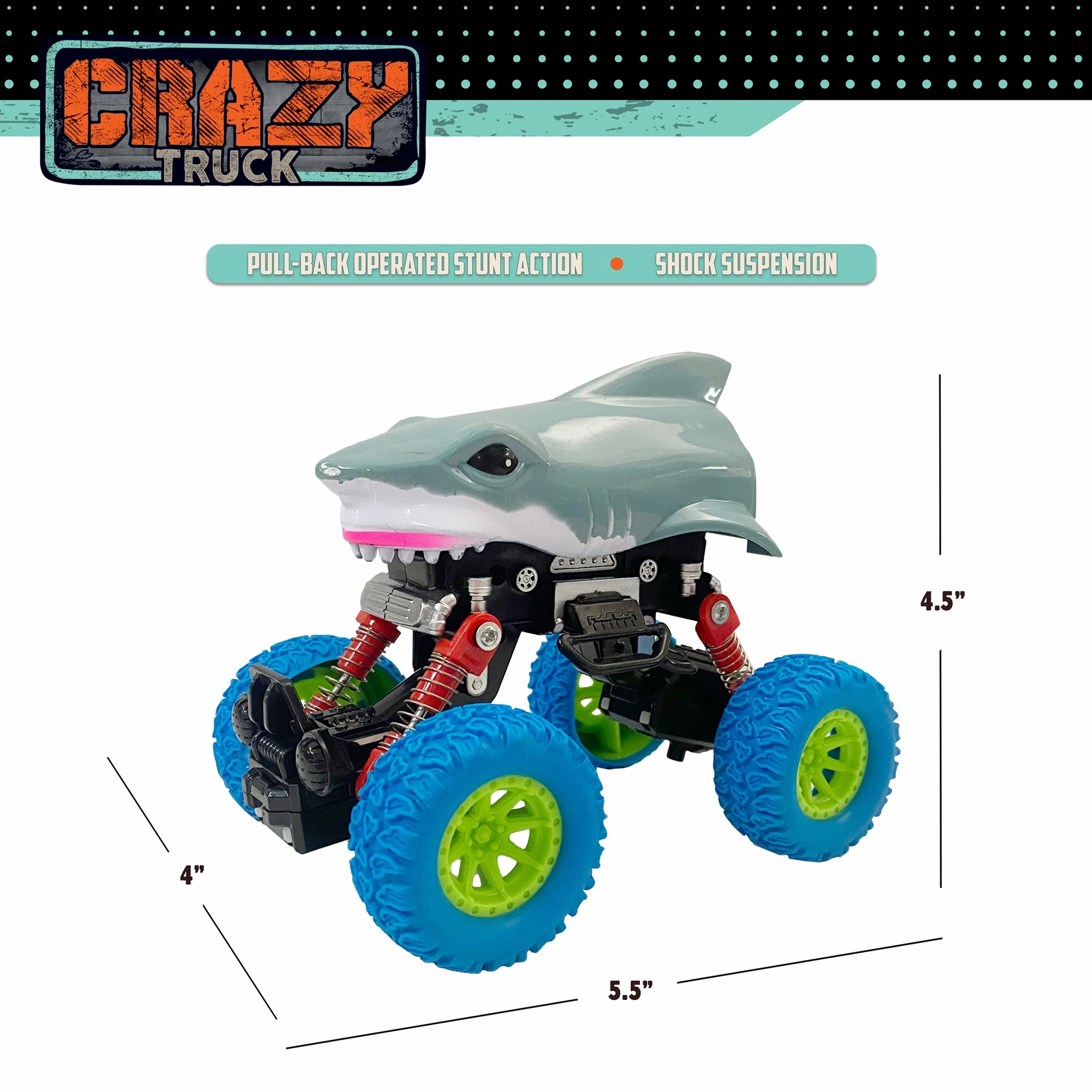 Crazy Truck Big Wheels Shark Truck - 4.5" Friction-Powered Stunt Vehicle for Kids 3 