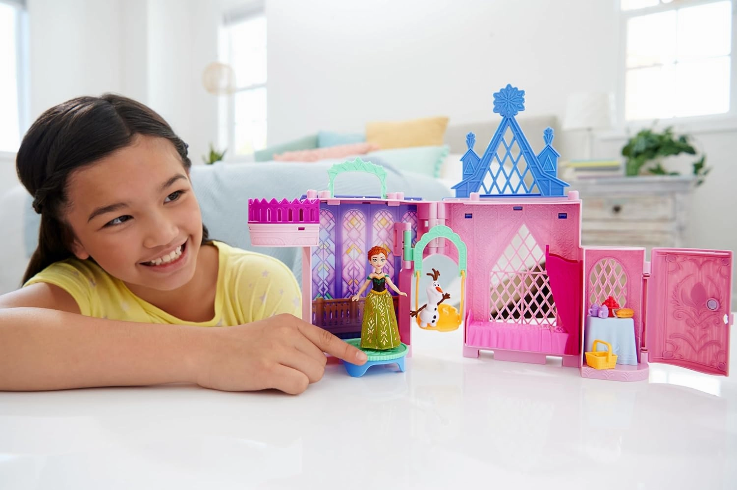 Disney Frozen Storytime Stackers Playset Anna's Castle in Arendelle Doll House with Small Doll, Olaf and 7 Accessories For Kids Ages 4 