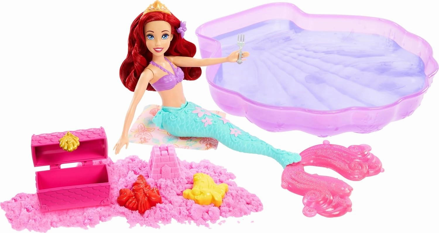 Disney Princess Ariel Mermaid Doll & Pool Set with Moldable Sand, 3 Sand Molds, Beach Towel & 5 Accessories for Kids Ages 3 