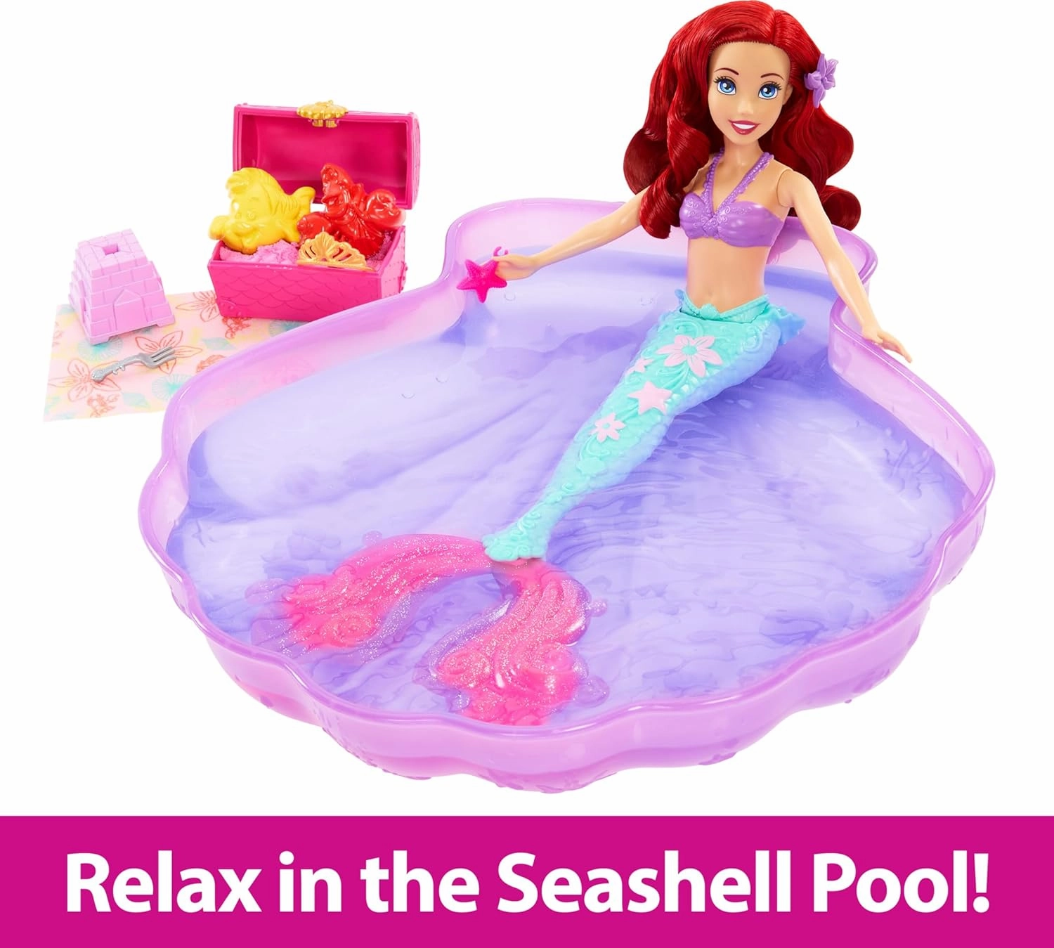Disney Princess Ariel Mermaid Doll & Pool Set with Moldable Sand, 3 Sand Molds, Beach Towel & 5 Accessories for Kids Ages 3 