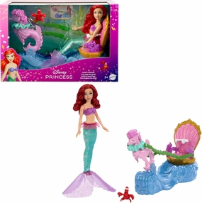 Disney Princess Ariel Mermaid Doll & Rolling Chariot with Removable Fashion Tail & Sebastian Figure Inspired by Disney The Little Mermaid Movie For Kids Ages 3 