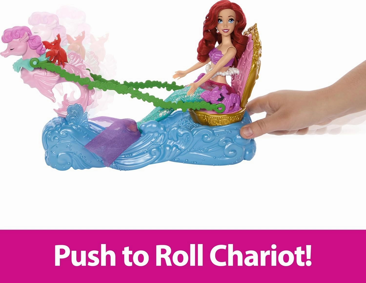 Disney Princess Ariel Mermaid Doll & Rolling Chariot with Removable Fashion Tail & Sebastian Figure Inspired by Disney The Little Mermaid Movie For Kids Ages 3 