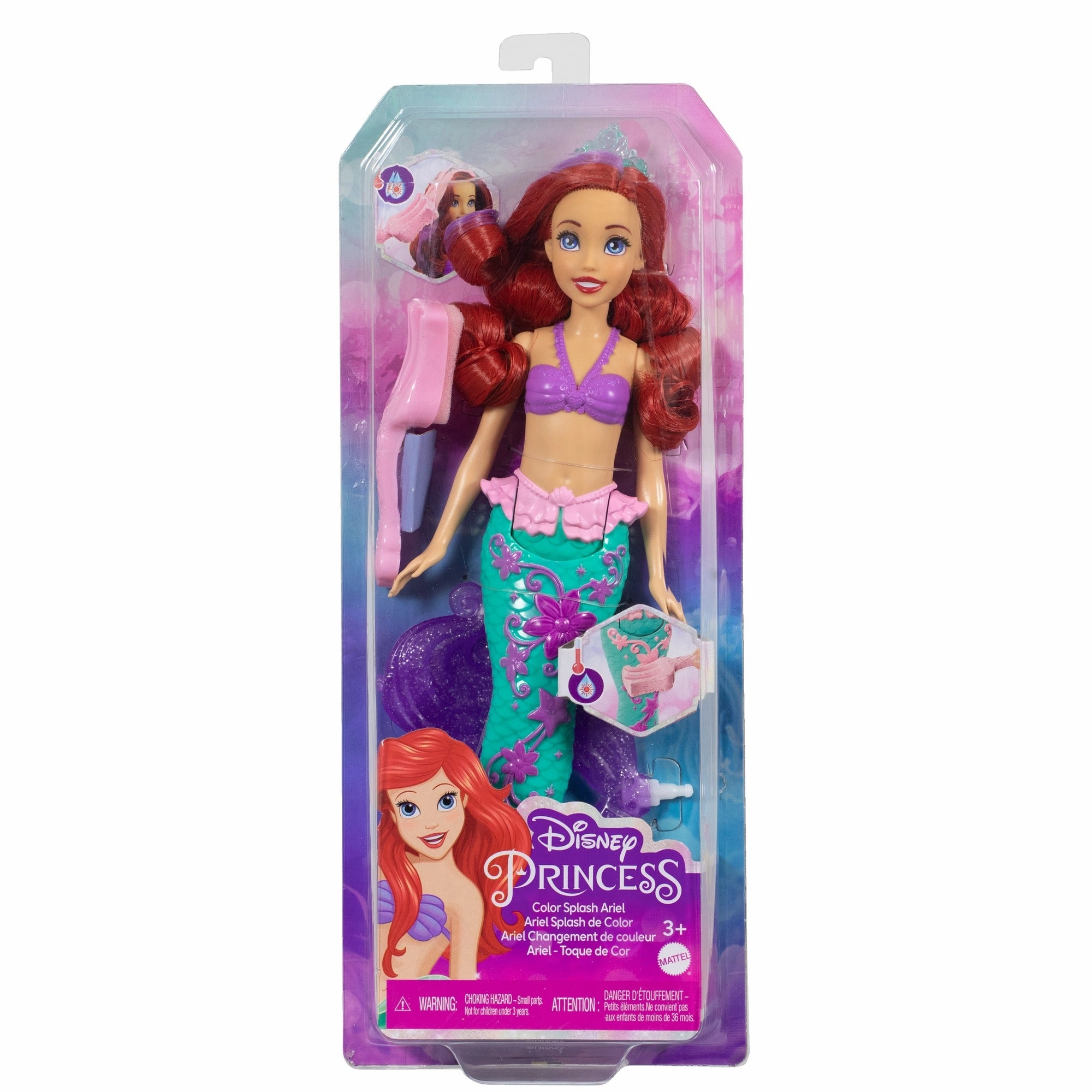 Disney Princess Ariel Mermaid Doll with Color-Change Hair and Tail, Color Splash Water Toy Inspired by the Disney Movie for Kids Ages 3 