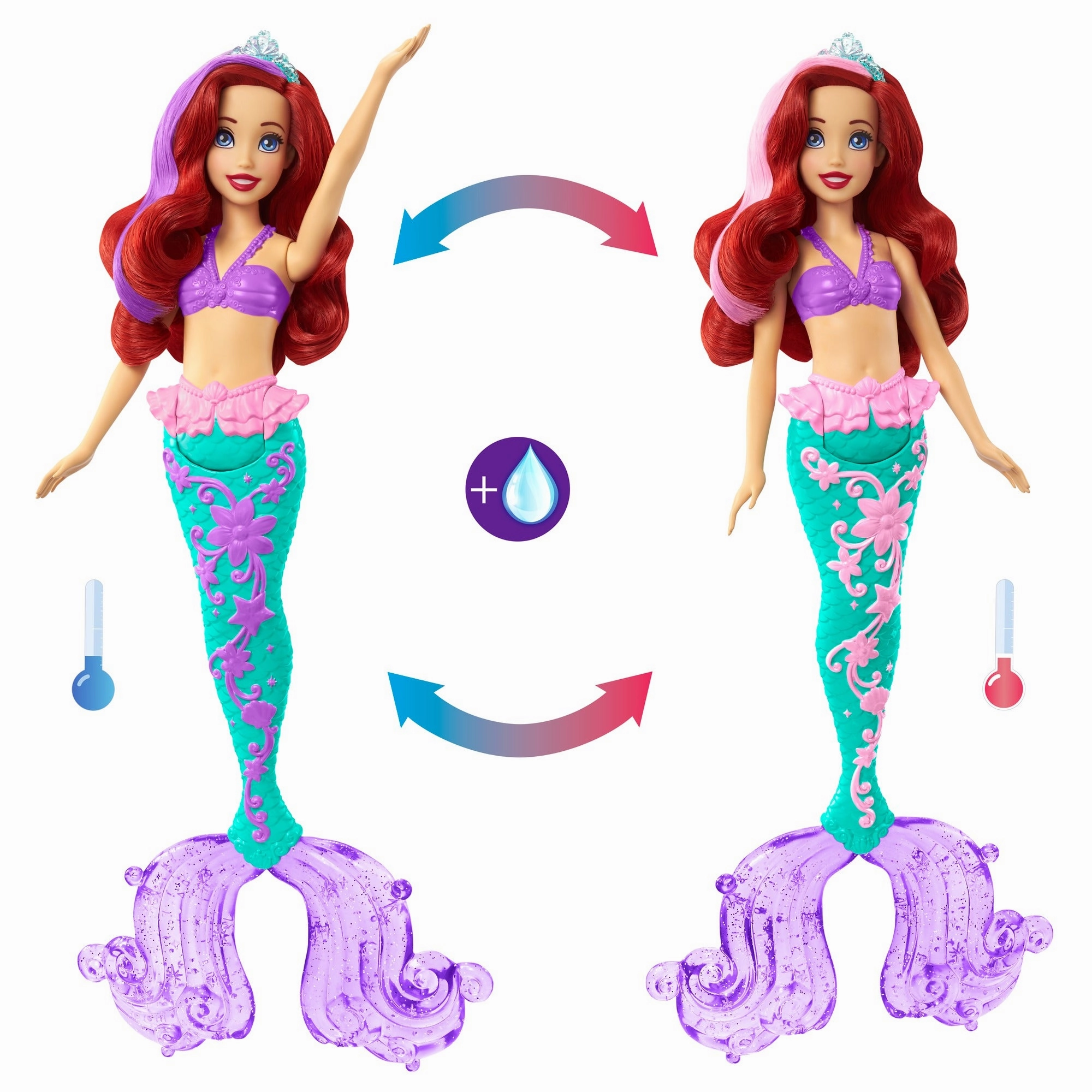 Disney Princess Ariel Mermaid Doll with Color-Change Hair and Tail, Color Splash Water Toy Inspired by the Disney Movie for Kids Ages 3 