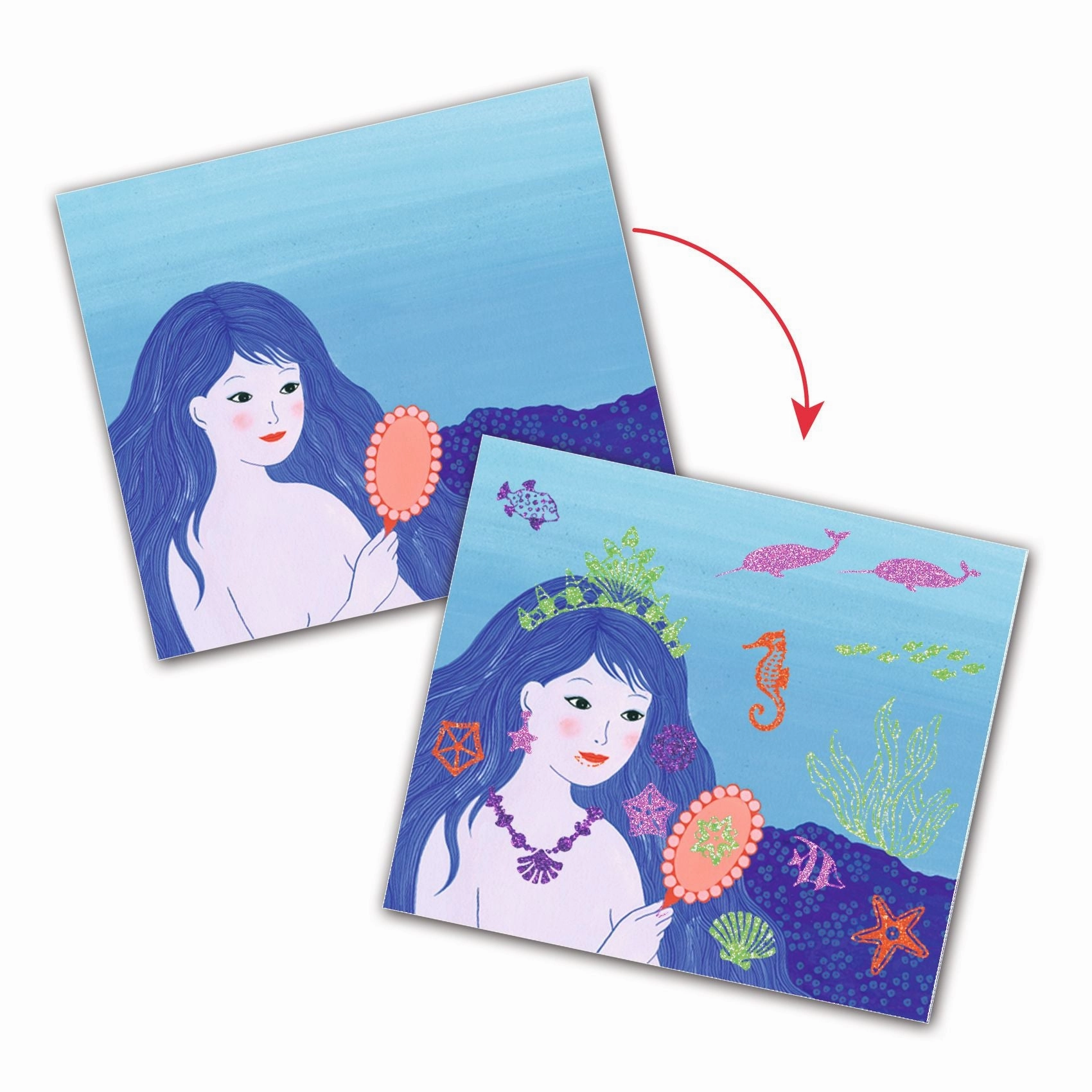 Djeco Artistic Patch Glitter Create 12 Mermaid Art Cards for Ages 6 