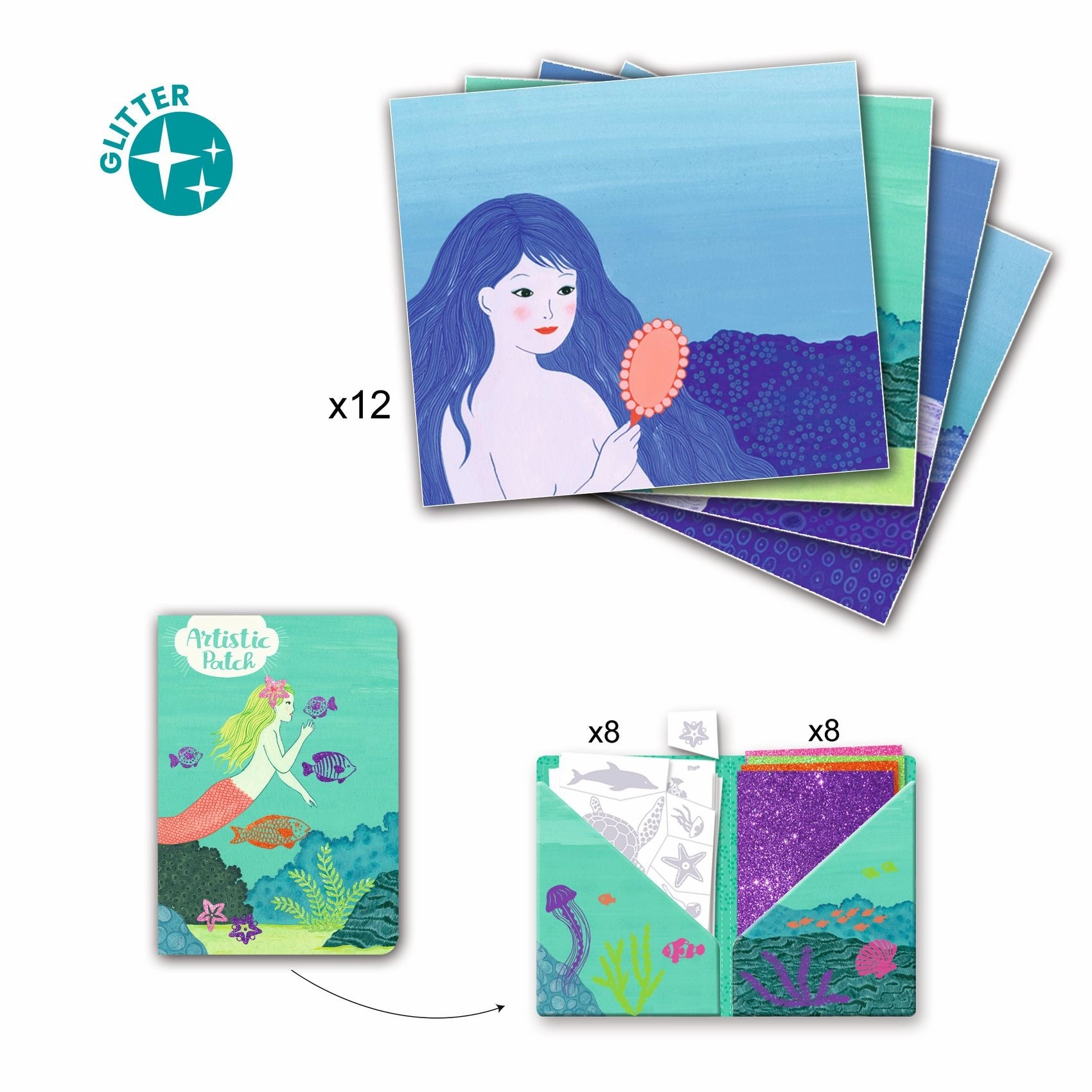 Djeco Artistic Patch Glitter Create 12 Mermaid Art Cards for Ages 6 