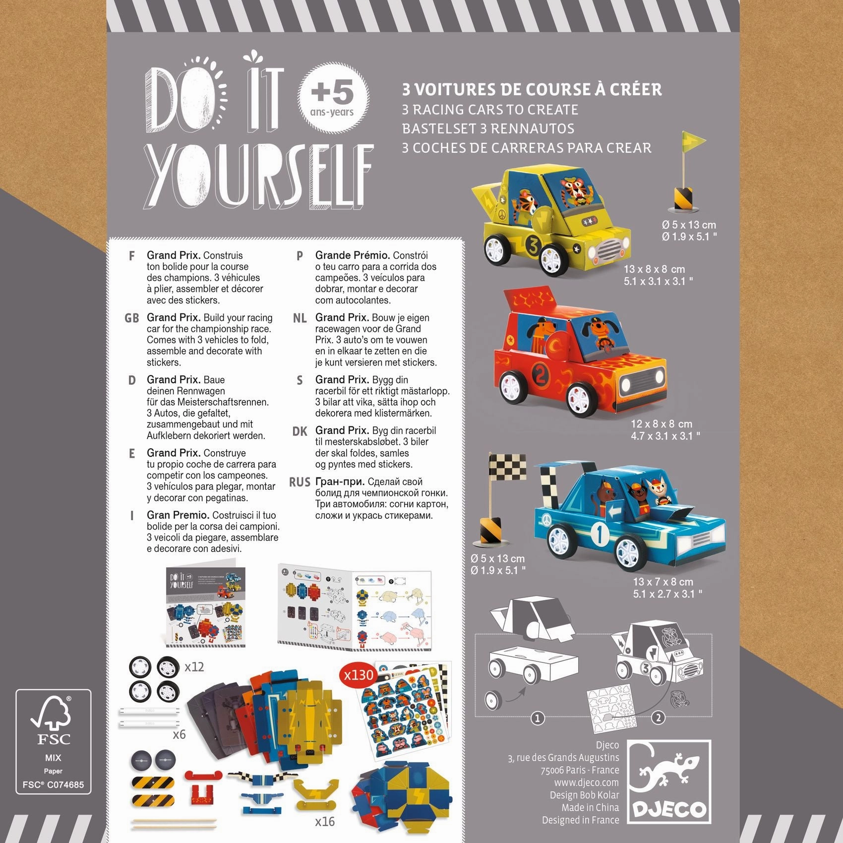 Djeco Do it Yourself Create 3 Functional Racing Cars for Ages 5 and Up