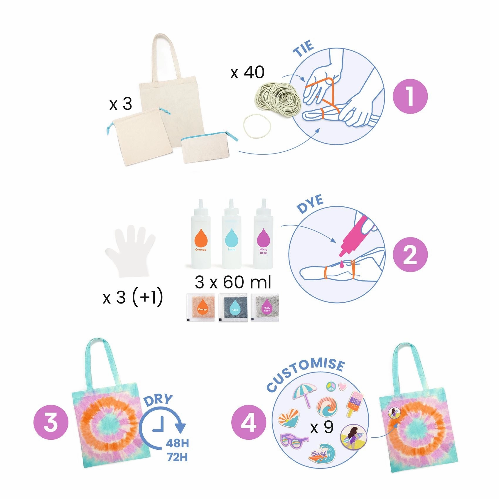 Djeco Do it Yourself Create 3 Tie-Dye Accessories Kit for Ages 8 & Up