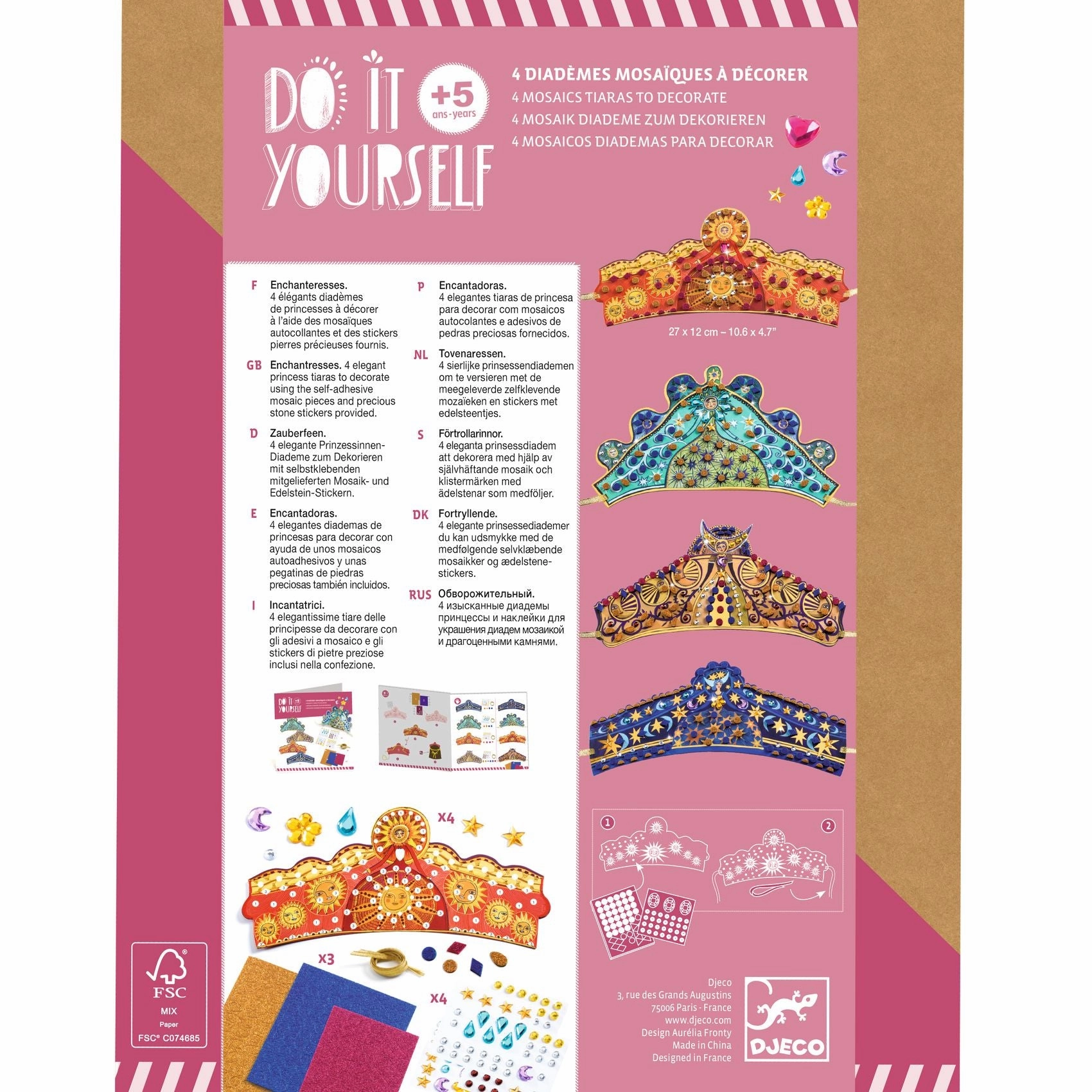 Djeco Do it Yourself Decorate 4 Mosaic Tiaras Craft Kit for Age 5 & Up
