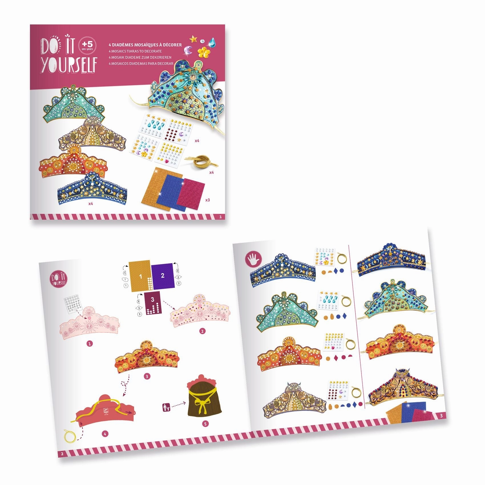 Djeco Do it Yourself Decorate 4 Mosaic Tiaras Craft Kit for Age 5 & Up