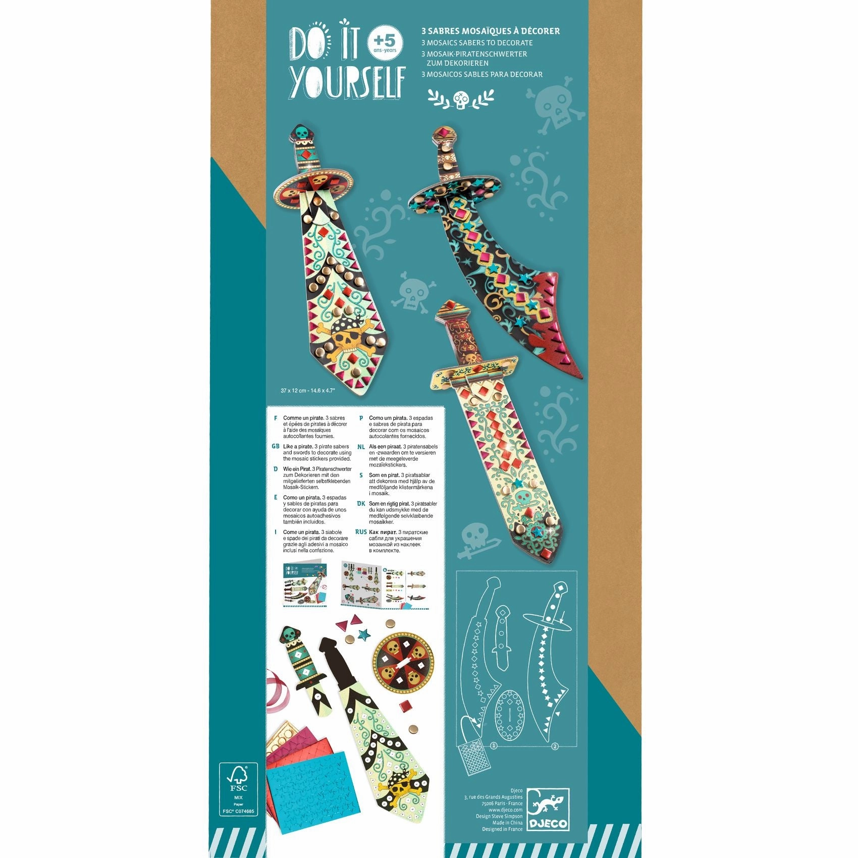 Djeco Do it Yourself Make 3 Mosaic Pirate Swords Craft Kit for Ages 5 